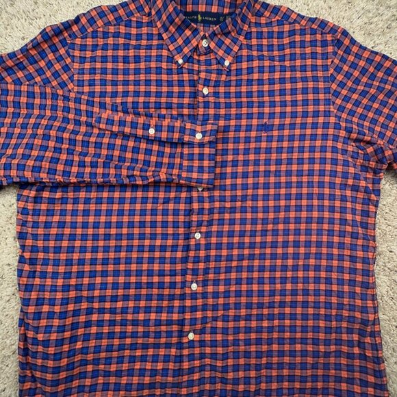 Ralph Lauren Button Up Shirt Cotton Adult Size XL Orange Blue Plaid L/S w Pony - Picture 2 of 8